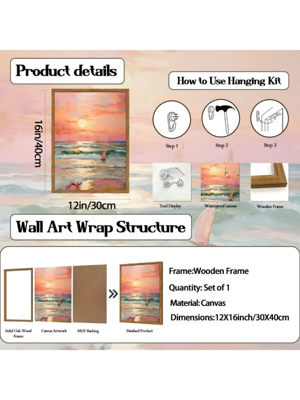 Framed Pink Coastal Canvas Art - Beach Sunset Sailboat Wall Decor, 12x16